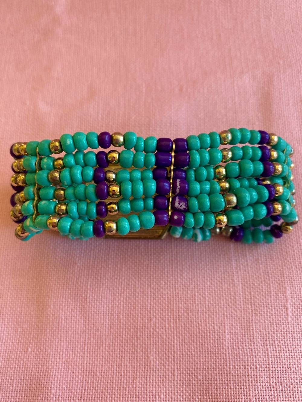 Turquoise Bracelet Beaded Stretchy Purple Gold Metal Octagon Navy Blue Green Gem - Picture 4 of 8